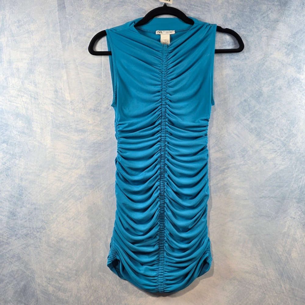 Zara Womens Ruched Sleeveless Top‎ Turquoise Blue Draped Jersey Tank Small